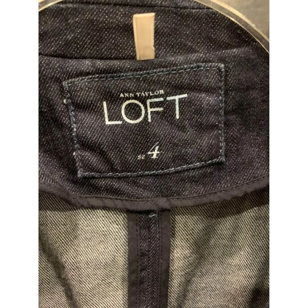 Ann Taylor Loft denim jacket size women’s 4, one button closure, rolled cuffs, e